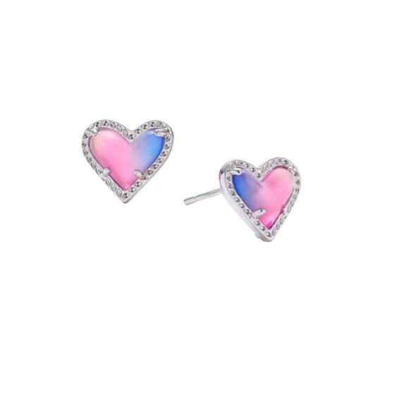 NWT! Kendra Scott Ari Heart Silver Stud Earrings in Watercolor Illusion - Picture 2 of 4